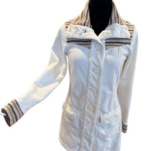 Prana Spring Jacket Rowen Cream White Striped Brown Trim Knit Jacket Coat Small